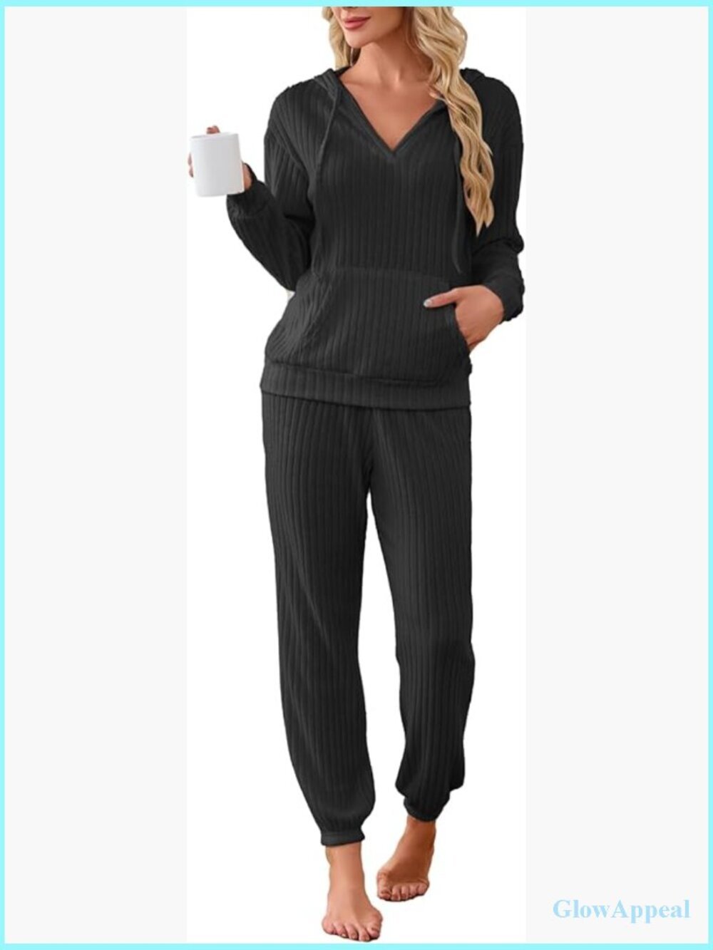 2 Piece Ribbed Knit Pajama Set Hoodie Jogger Pants Pockets